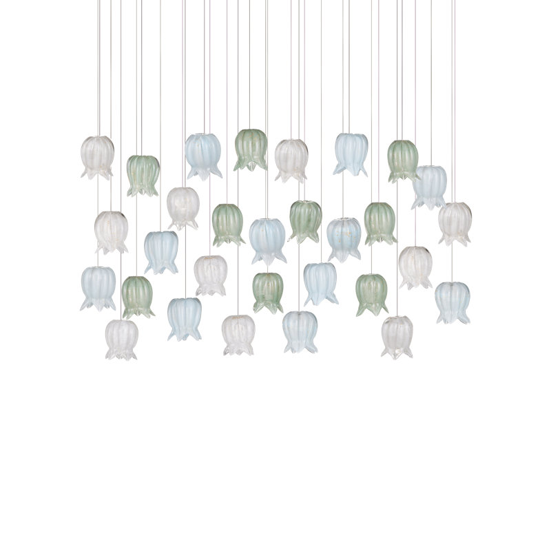 Polpo 7-Light Round Multi-Drop Pendant, 13" H x 54" W x 18" D, Blue/Green/White, 4500 Lumens