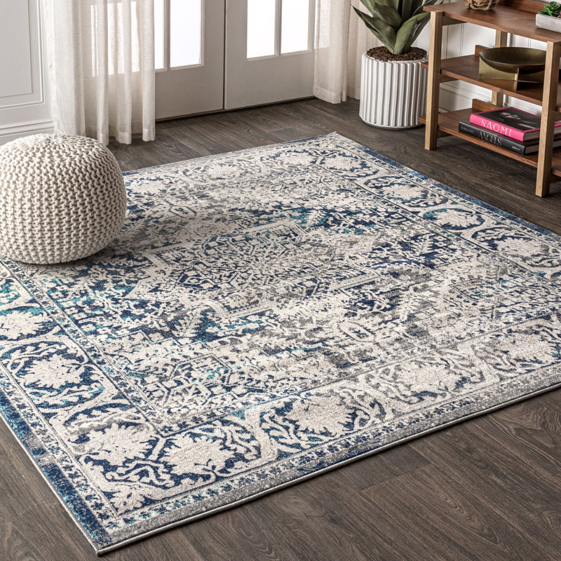 Modern Persian Vintage Medallion Navy/Light Gray Rug, Square 7'9"