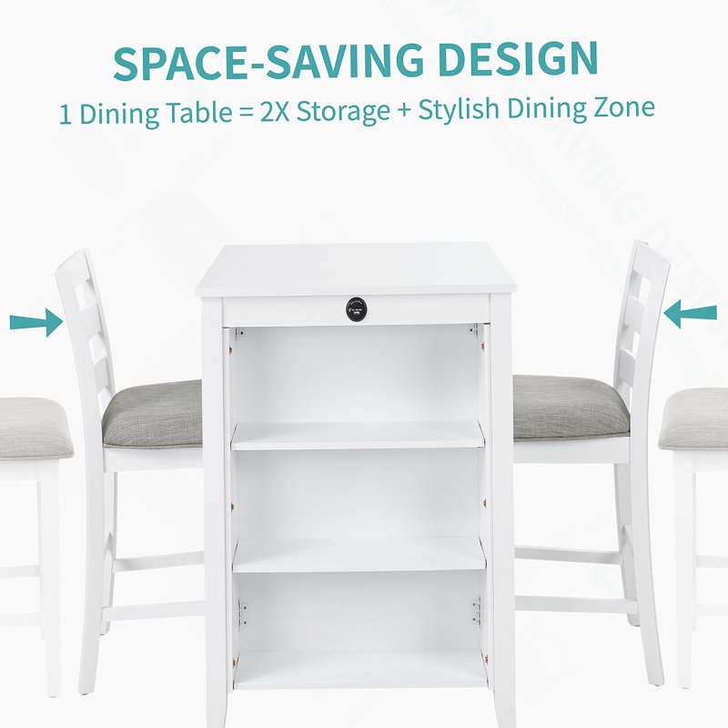 Modern Dining Table Set for 2 with Charging Station & 3-Tier Adjustable Storage | Space-Saving Kitchen Set with Upholstered Chairs for Small Spaces, Apartment