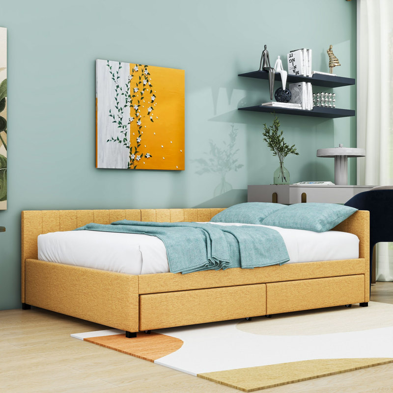 Modern Full Size Upholstered Daybed with Storage Drawers, Yellow