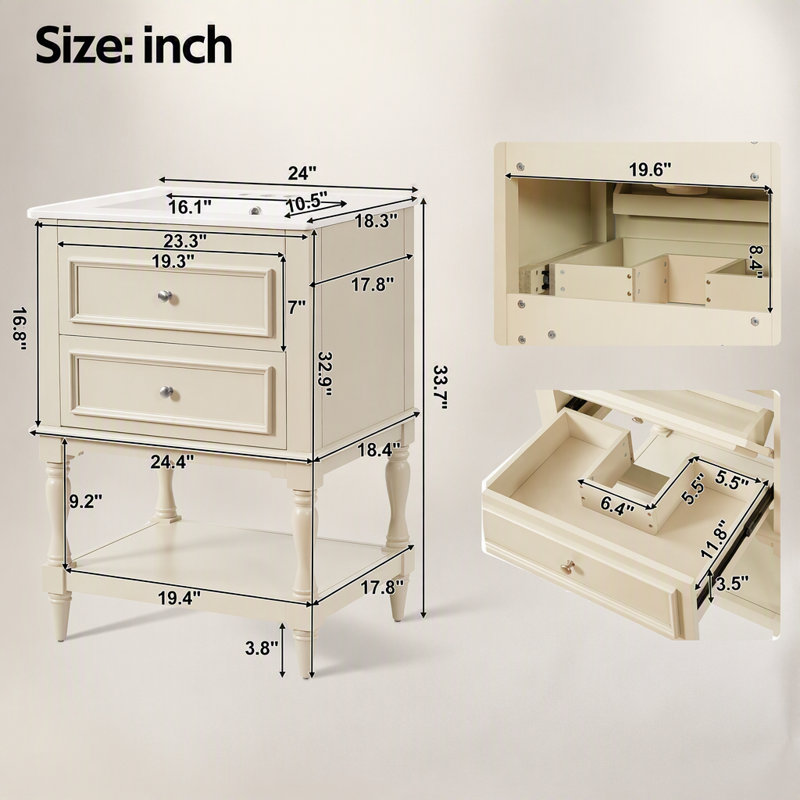 Meuble-lavabo de salle de bain 24 po avec lavabo en céramique, Beige, 24.44"