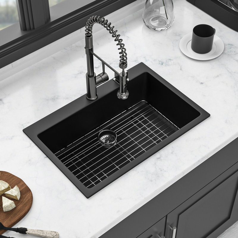 Évier de 33 po x 22 po en quartz noir, matériau composite, solide et robuste, surface lisse, minimise le bruit de l'évier d'aspect granit de 33 po x 22 po, surface pour un nettoyage facile et hygiénique, réduit