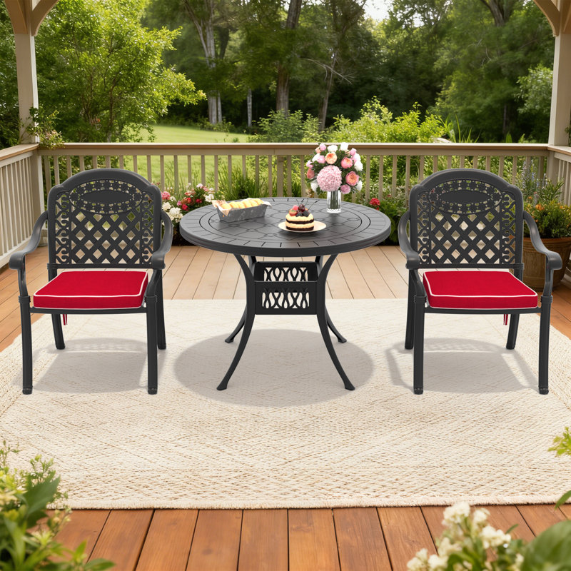 Ensemble de salle à manger de patio 3 pièces pour 2 personnes, mobilier d'extérieur en fonte d'aluminium avec chaises rembourrées rouges