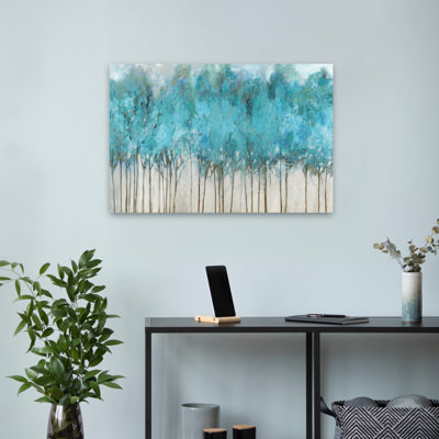 Arbre bleu sarcelle, paysage, forêt, peinture, impressionnisme, art abstrait, art contemporain