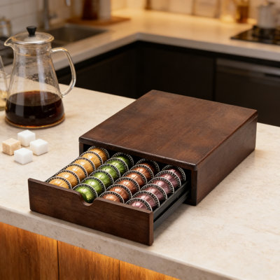Flagship  Pod Holder And Organizer With Drawer For Nespresso Coffee Capsules - Modern Wood Frame Stand Holds 40 Pods