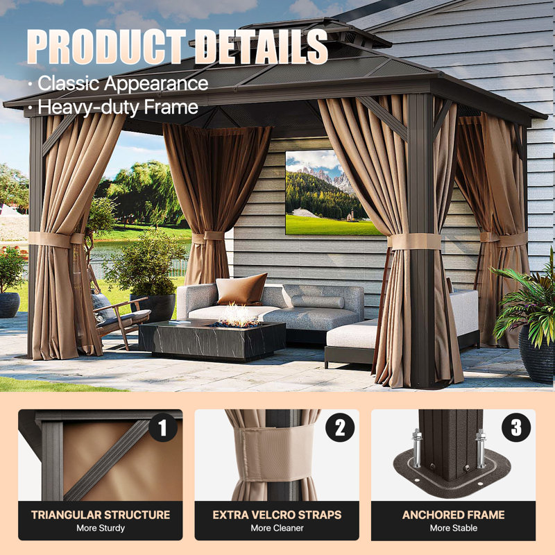 12 Ft. W x 10 Ft. D Metal Patio Hardtop Gazebo, Brown