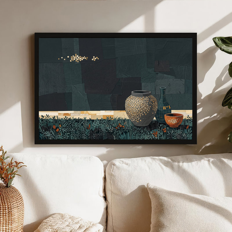 Toile grise tachetée grise et bouteille en toile verte, H 16 po x l 24 po