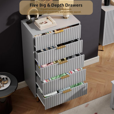 Natural Fluted 5-Drawer Tall Dresser, 48" Modern Wood Storage Chest