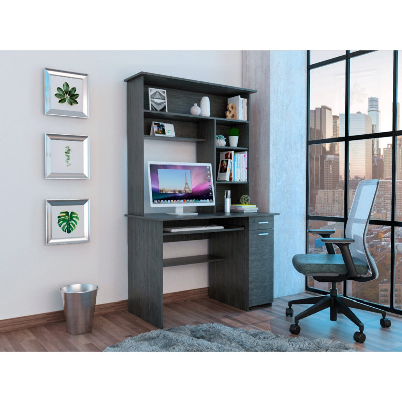 Compu 180 Hutch Desk, Multiple Shelves, Retractable Keyboard Tray, Cpu Door Panel, One Drawer, Gray