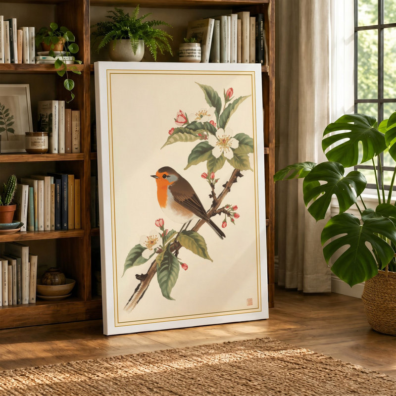 Robin on Blossom Botanical - Wrapped Canvas, 30x20 - 76.2 x 50.8 cm, Taupe Border