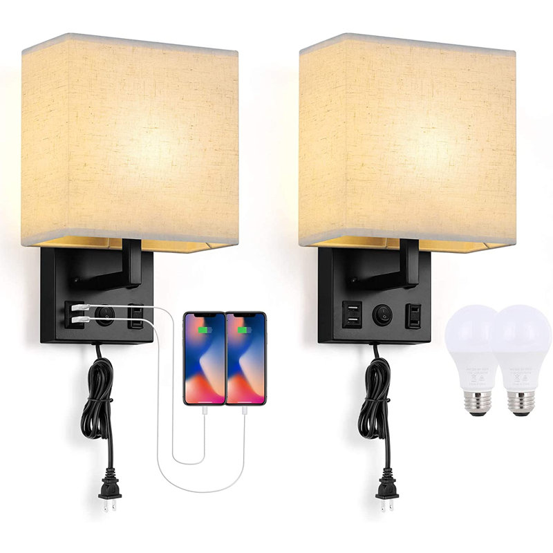 April-Leigh Square Silver Wall Lamp with Linen Lampshade, Black
