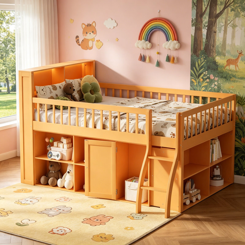 Lit mezzanine double avec rangement, tête de lit à DEL et finition naturelle pour un style de vie compact et élégant, Full