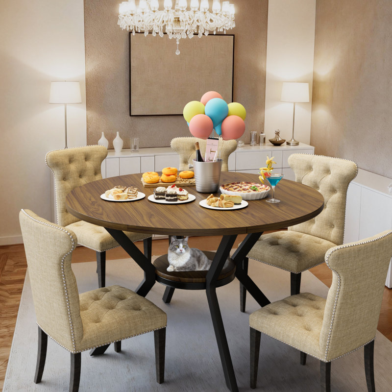 Table de salle à manger de 47 po pour 4 à 6 personnes, table de salle à manger avec tablette de rangement, plateau en grain de bois, pieds en métal noir, tables de salle à manger peu encombrantes, tables de cuisine circulaires, noyer