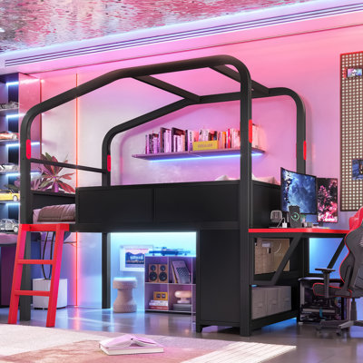 Lit mezzanine bas une place avec bureau, ports USB, éclairage DEL, rangements et baldaquin, style jeu, en métal noir.