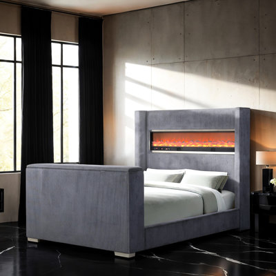 Queen Size Contemporary Gray Bed With Wingback Headboard, 3D Fireplace Adjustable Brightness, Tv Lift And Tf/ Sd Slot Size, Bed, Lift,