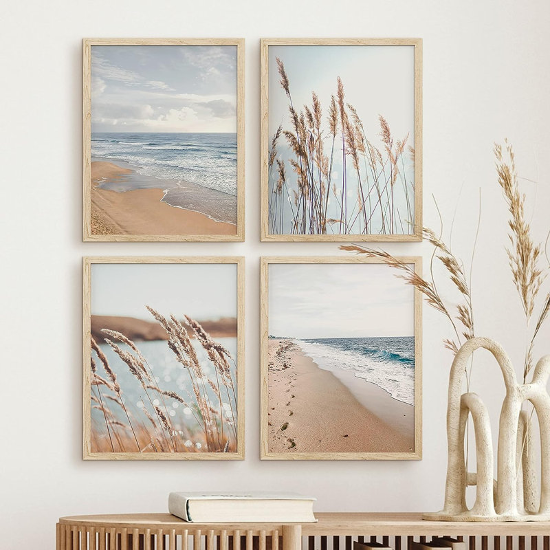 «Beach Grass», reproduction encadrée de 4 vagues océaniques, Encadré naturel, H 16 po x l 12 po x P 1 po