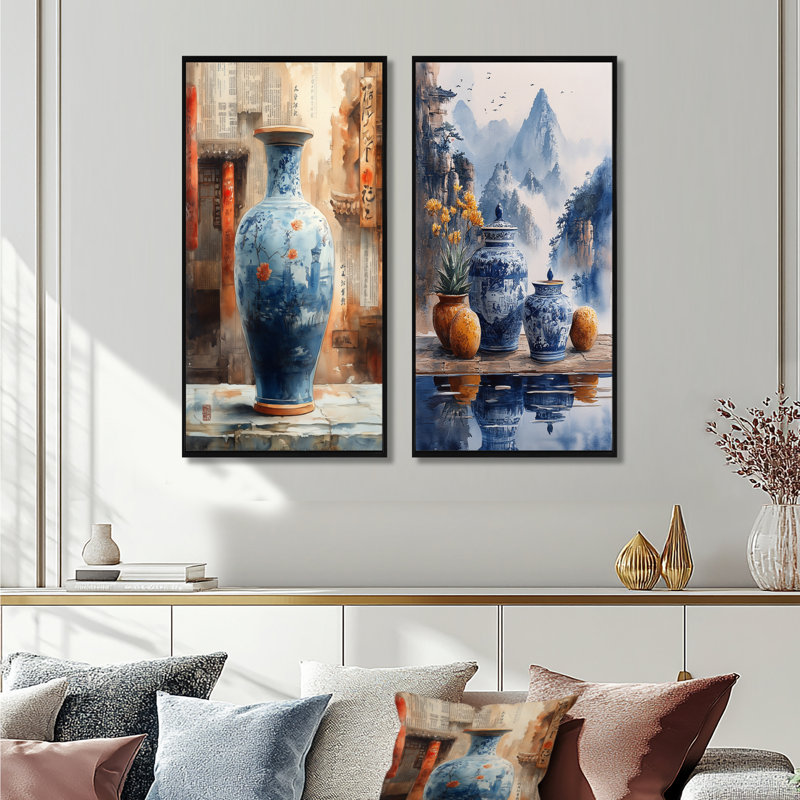 China S Edge Of Wonder Chinoiserie Pottery III - Boho Pottery Decor Wall Art 2 Pieces Set, Cadre flottant noir