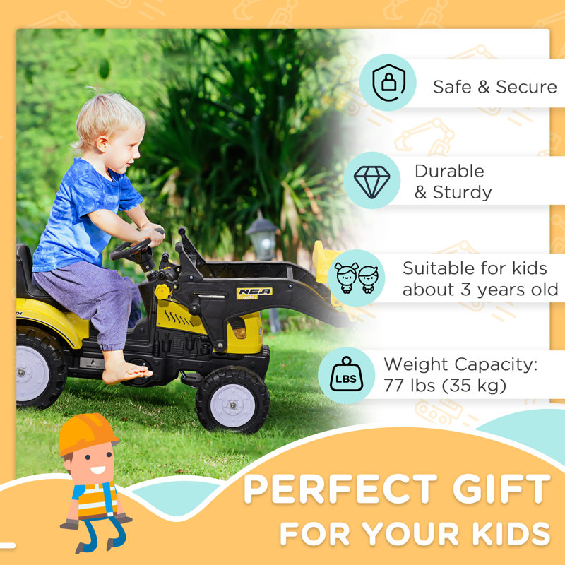 Kids Manual Pedal Ride-On Excavator With Front Loader Digger, Ride-On Tractor For 3 Year Old, Yellow