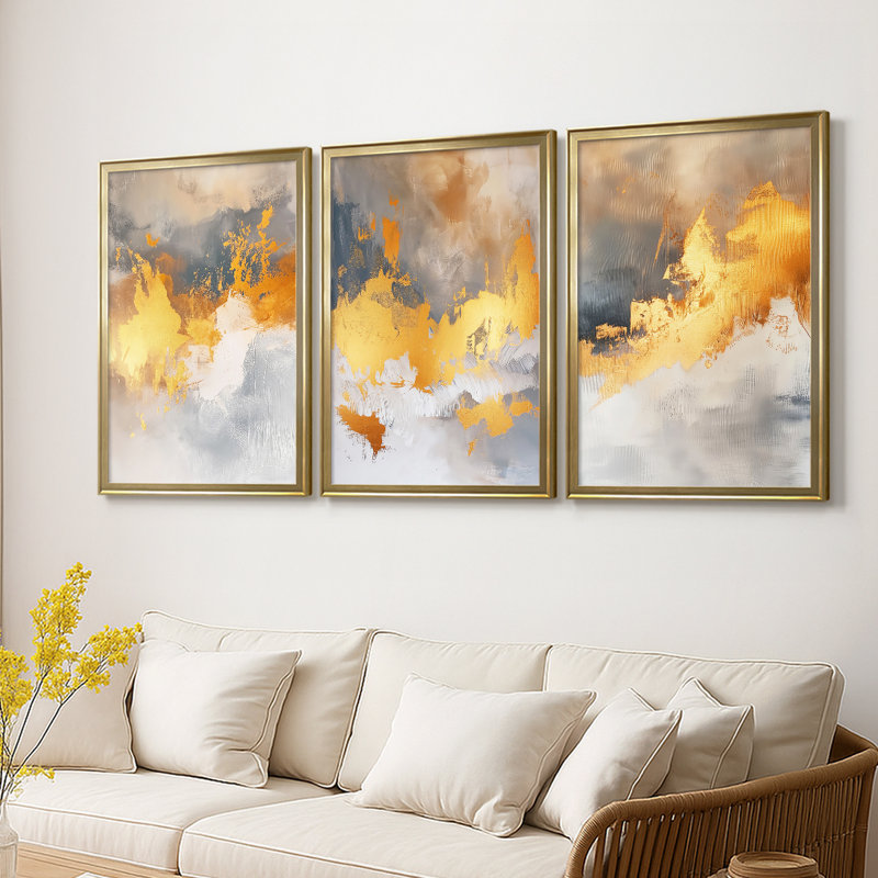 ABSTRACT Series CDLI - Toile sur châssis tendue avec châssis encadré - 3 pièces, H 21 po x l 30 po, Doré