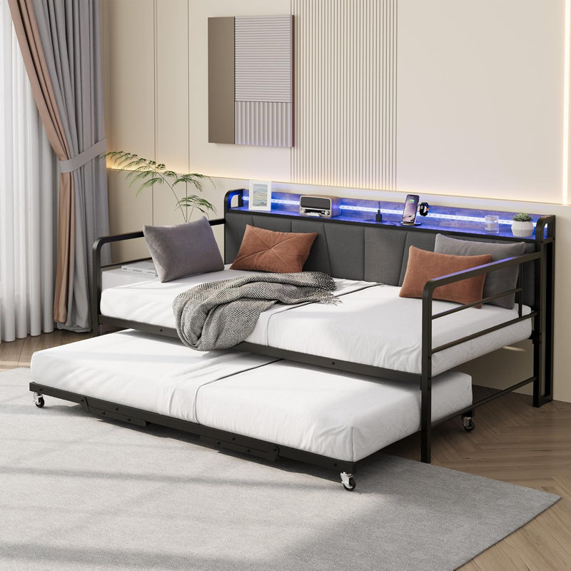 Daybed with Trundle and LED Light, Sturdy Metal Twin Size Bed Frame with Linen Upholstered Headboard and Charging Station, for Living Room, Bedroom and Guest Room, Black