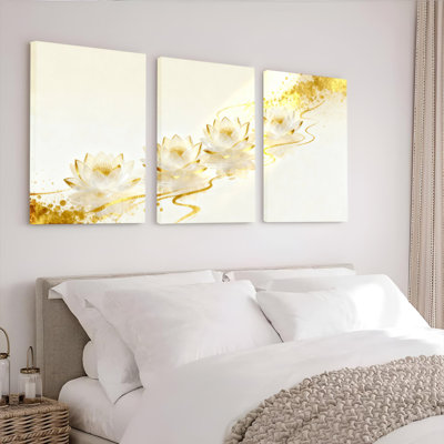 Golden Lotus, reproduction d'art sur toile tendue sur toile, ensemble de 3