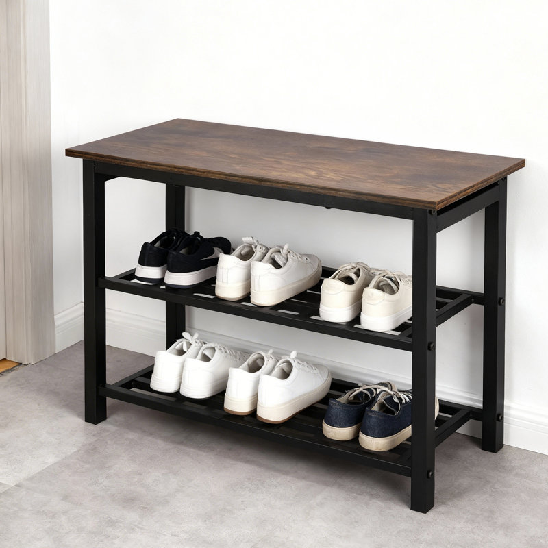 27" Shoe Bench, Modern Industrial Shoe Storage Bench, Entryway Bench With Mesh Shelf And Sturdy Metal Frame, Metal Shoe Rack With Durable Wood Top For Hallway, Mudroom, Living Room, Rustic Brown