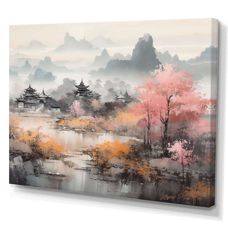 Golden Whispers Of Japon II - Paysage, Japon, art mural, H 16 po x l 32 po x P 1 po, Toile tendue