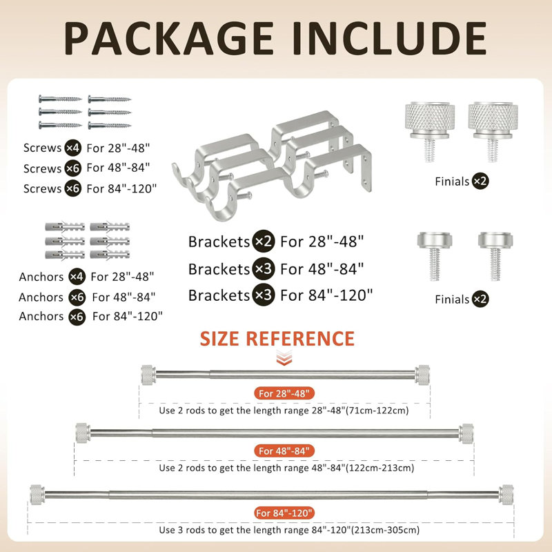 Ensemble de tringle à rideaux double ajustable de 5/8 po de diamètre avec fleuron Maniglia, , 48" - 84", Étain