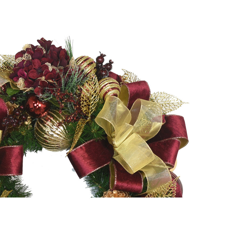 26" Holiday Wreath With Hydrangeas, Glitter Leaves, Ornaments And Bows, 26" H x 26" W x 7" D, Red/Gold/Green
