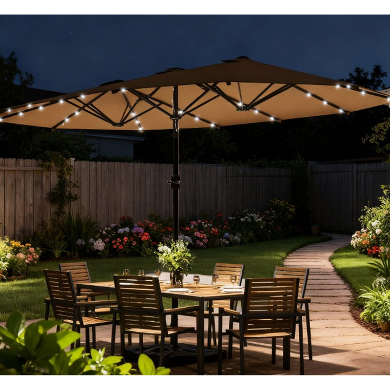 Parasol de patio à double auvent avec 36 lumières à DEL solaires, cadre en acier et 12 nervures pour une stabilité accrue, système à manivelle à ouverture rapide pour l'extérieur - conception à côtés, auvent, lumières sur les nervures, réglage facile