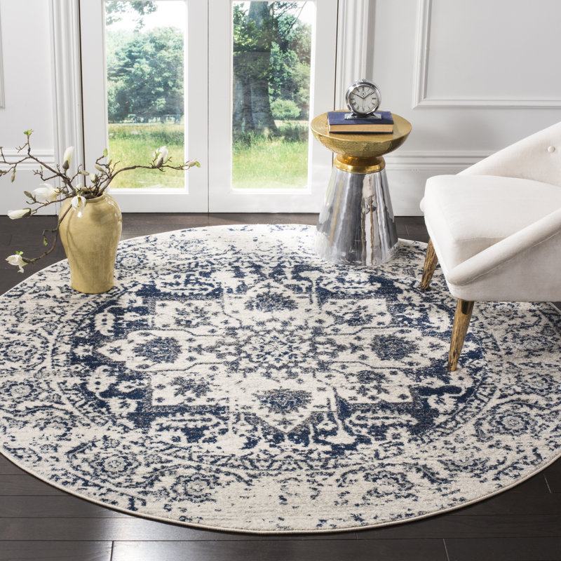 Irania Oriental Cream/Navy Area Rug, Round 9'