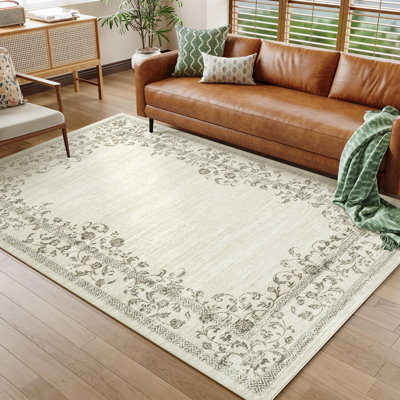 Tapis moderne à motif floral beige de 5 pi x 7 pi (riz), lavable, antidérapant, doux à poils courts, résistant aux marques, tapis pliable pour le salon, la chambre à coucher, la chambre de bébé, le bureau, la salle à manger, États-Unis