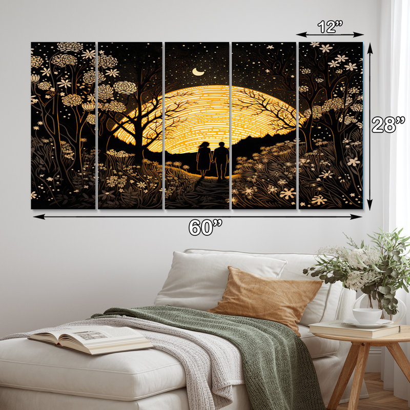 Arbres de pleine lune magiques campagne III - Art mural sur toile forêt - 5 panneaux égaux