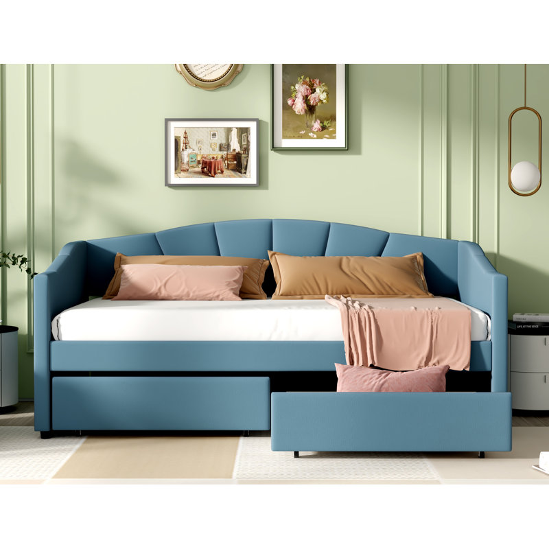 Modern Upholstered Daybed with Two Drawers, Blue