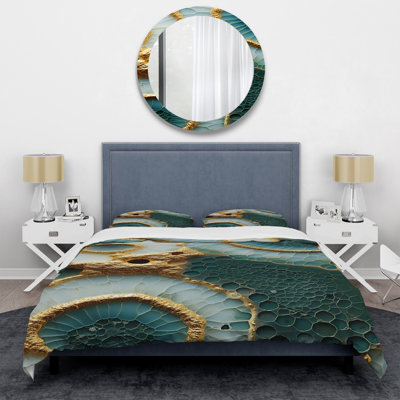 Gold And White Flowers On Blue Stone I - Stone Geode Duvet Cover Set