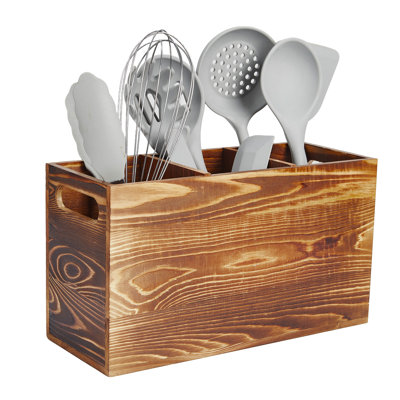 Rustic Pine Wood Kitchen Utensil Holder, 3-Compartment Countertop Caddy Organizer with Handle, Large Storage for Spoons & Flatware