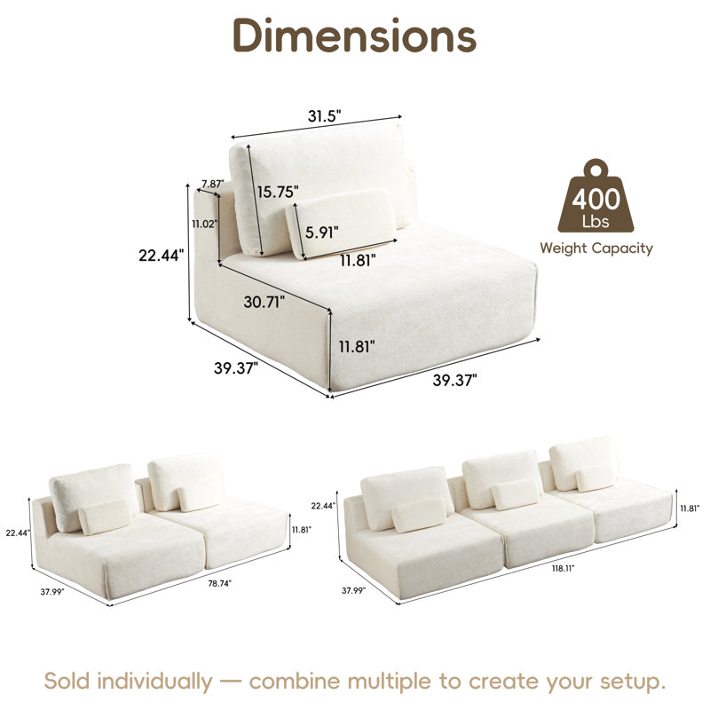 Modular Boneless Sofa Chair, High-Density Foam Floor Couch with 2 Pillows, Plush Velvet Armless Modular Seat, No Assembly Compressed Lazy Sofa for Living Room, Apartment, Bedroom（Beige）