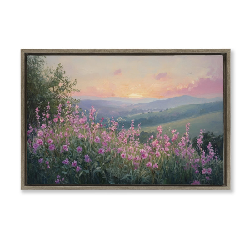 Cadre flottant Twilight Meadow Pink Flowers, design par Petal Prints Design, Cadre flottant orme Montalcino