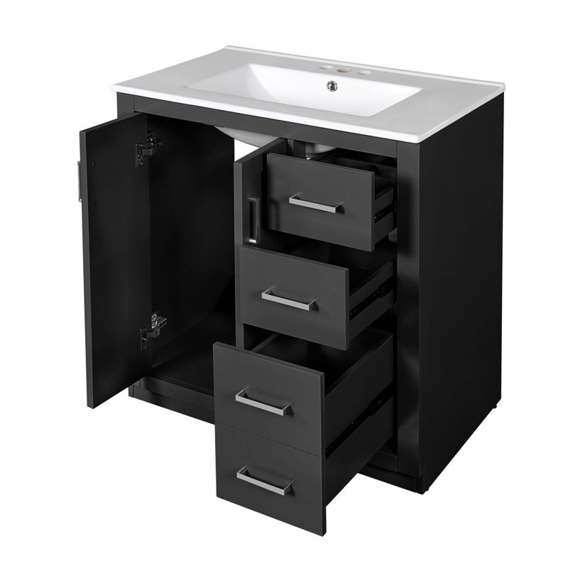 30" Retro Style Bathroom Vanity with Ceramic Sink, Solid Wood Frame, Ample Storage, and Soft-Closing Doors, Black