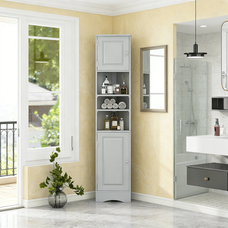 Armoire de rangement haute d'angle avec tablettes ouvertes