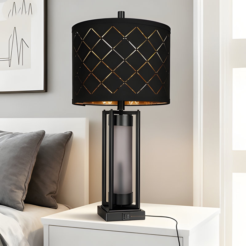 Modern Table Lamp Set Of 2 With USB Charging Ports, Nightstand Lamps With Checkered Shade, Bedside Lamps For Living Room And Bedroom, Includes Bulbs