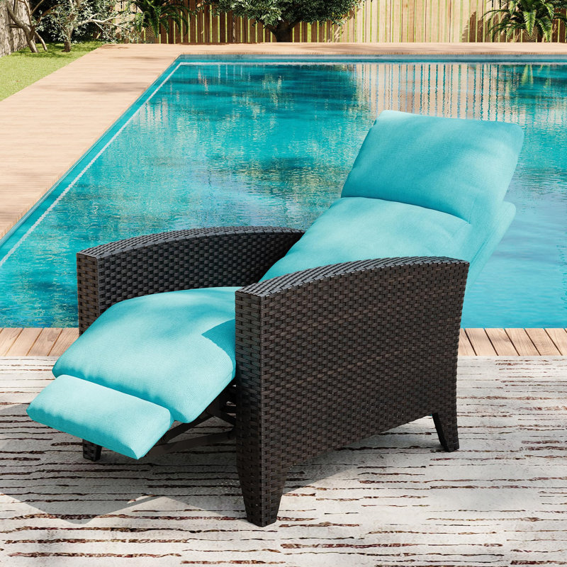 Outdoor Wicker Recliner Chair with Adjustable Backrest and Footrest, Patio Lounge Chair with Flip-Up Table and Cushion, Steel Frame