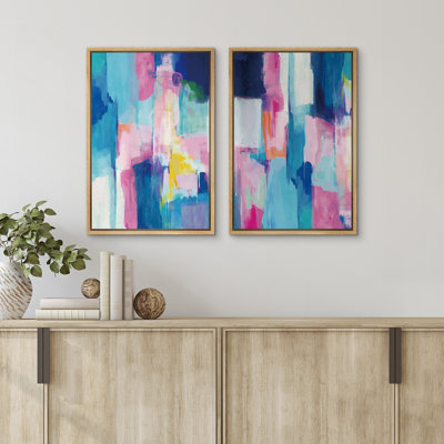 Colorful Brushstrokes " Pastel Vibrant Blue Pink Color Blocks Bright Geometric Abstract Shapes Modern Art Contemporary Multicolor Wall Art Set " 2 - Pieces