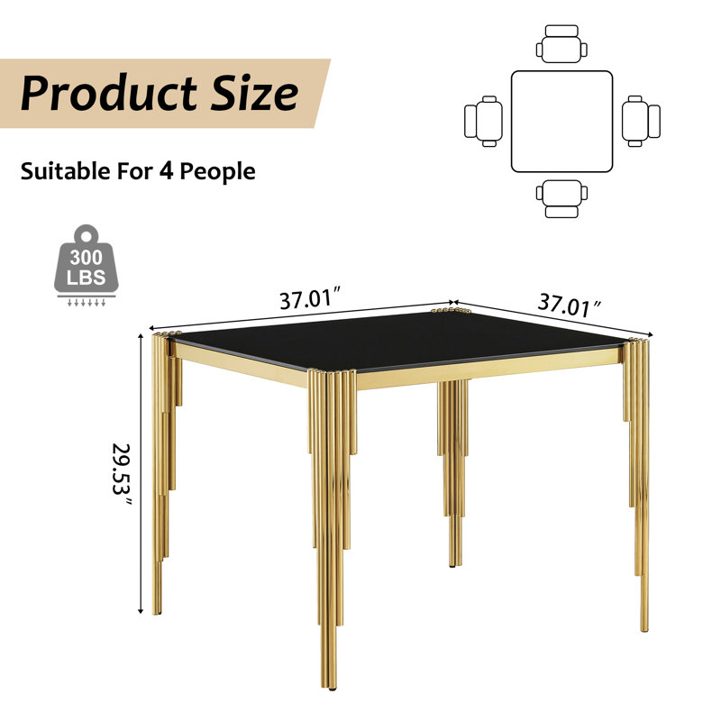 37”Modern Square Glass Dining Table With Stainless Steel Legs For Home Office, Kitchen, Living Room, Black, Gold
