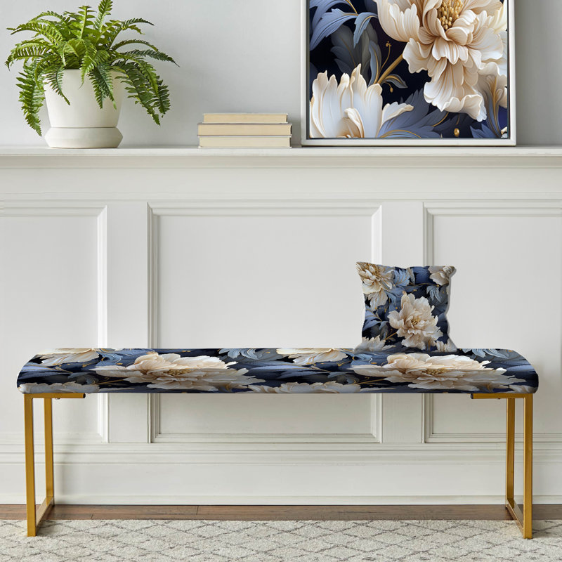 Banc floral rembourré or, Pivoines bleues et blanches damassées