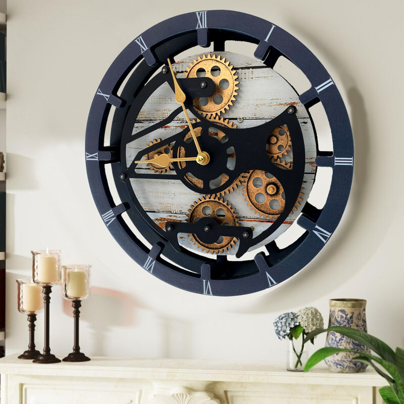 Mantel Clock 16" Round for Living Room decor with Real Moving Gears transformable into a Wall Clock (detachable base) Canada Collection