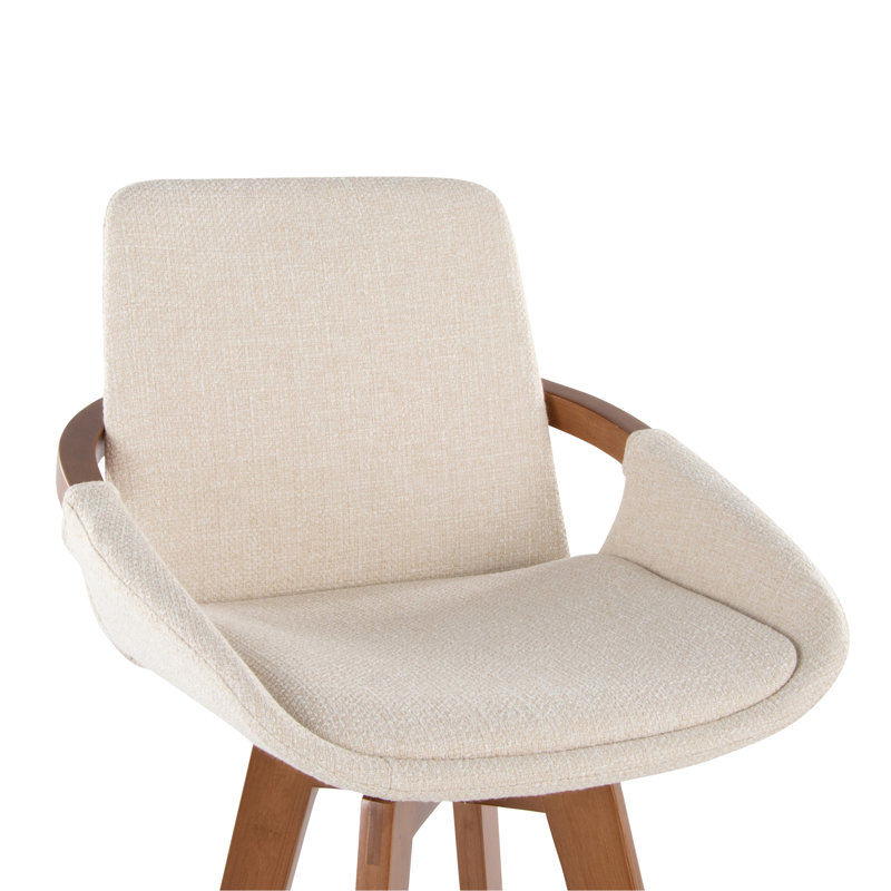Tabouret de bar 29 po à hauteur fixe avec pivot en bambou noyer et tissu crème avec repose-pieds rond en métal noir, Cream