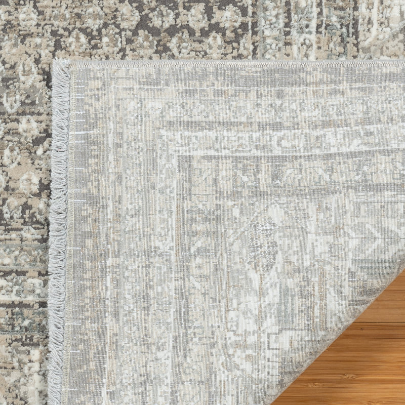 Tapis floral en viscose / acrylique gris foncé Florance Modica, Rectangle 5 pi 3 po x 7 pi 5 po