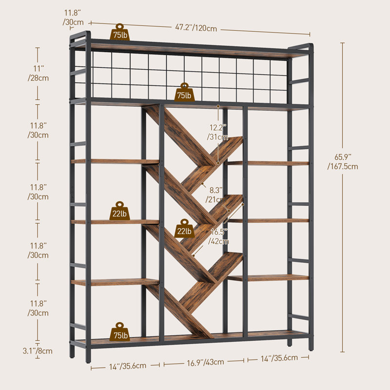 Triple 6-Tier Bookshelf, Industrial Large Bookcase with 18 Open Display Shelves, Modern Tree Bookcase with Metal Frame and Hanging Function