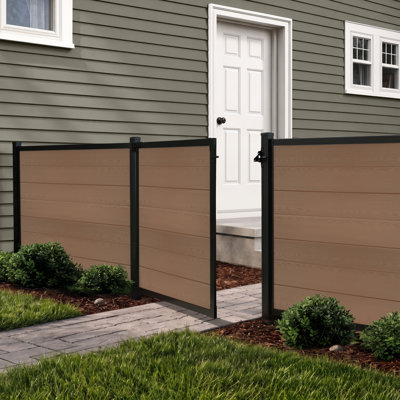 6ft H x 4ft W Edgewood Privacy Fence Gate, Composite Fence Gate Kit with Aluminum Frame, Woodgrain Boards, No-Dig Install, UV Resistant Outdoor Gate for Backyard Patio or Pool, Walnut Brown BLI19116